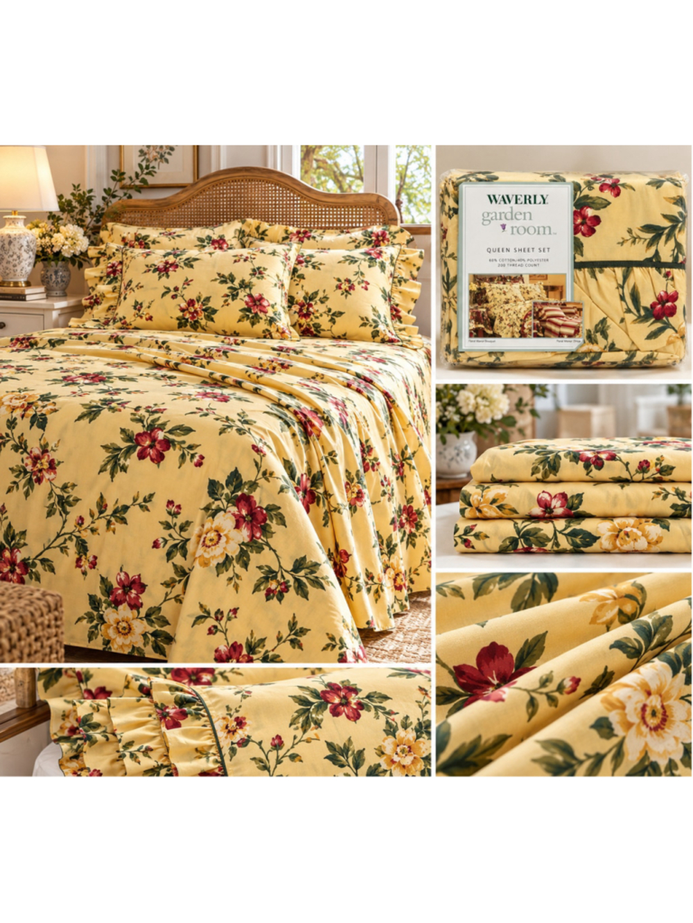 Waverly Garden Room Floral Manor Bouquet Queen Sheet Set 200 TC Vintage Cottagec